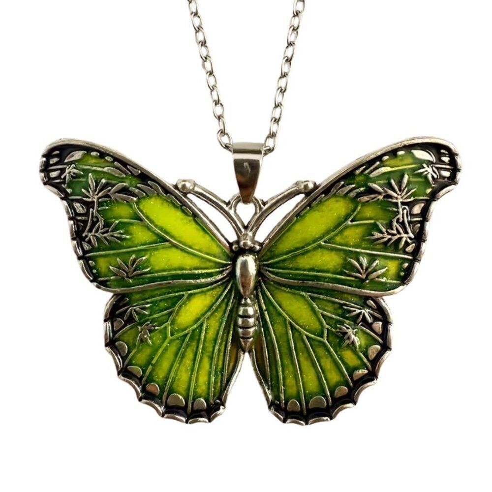Mint Glow Butterfly Necklace Light Green Enamel Sparkling Oil Drop Silver Finish